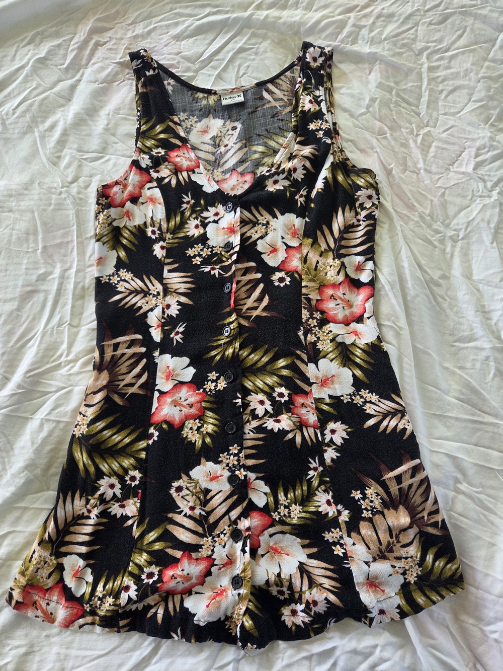 Hurley Black Tropical Floral Button-Front Mini Dress